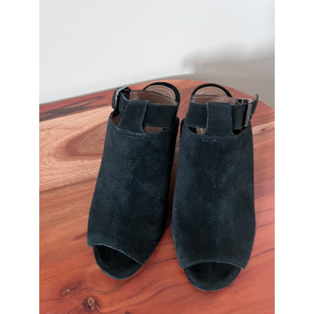 Vionic Kaia Black Suede Peep Toe Block Heel Mules Sandals Women 7 Wide